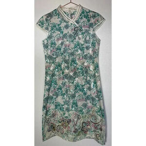 Traditional Chinese Beaded Flower Lace Mesh Embroidery Cheongsam Dress Green XL